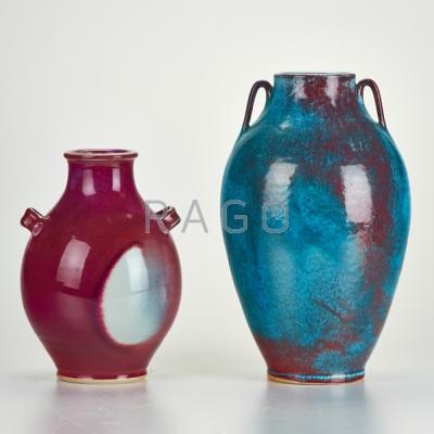 Appraisal: BEN OWENS III Two handled jugs vases in burgundy and