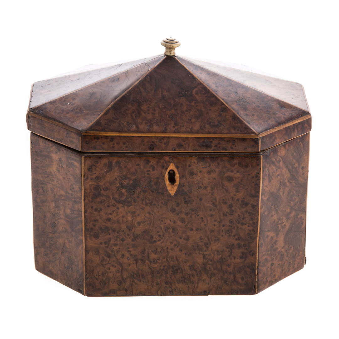 Appraisal: Regency bird's-eye maple shaped tea caddy circa string inlay paneled