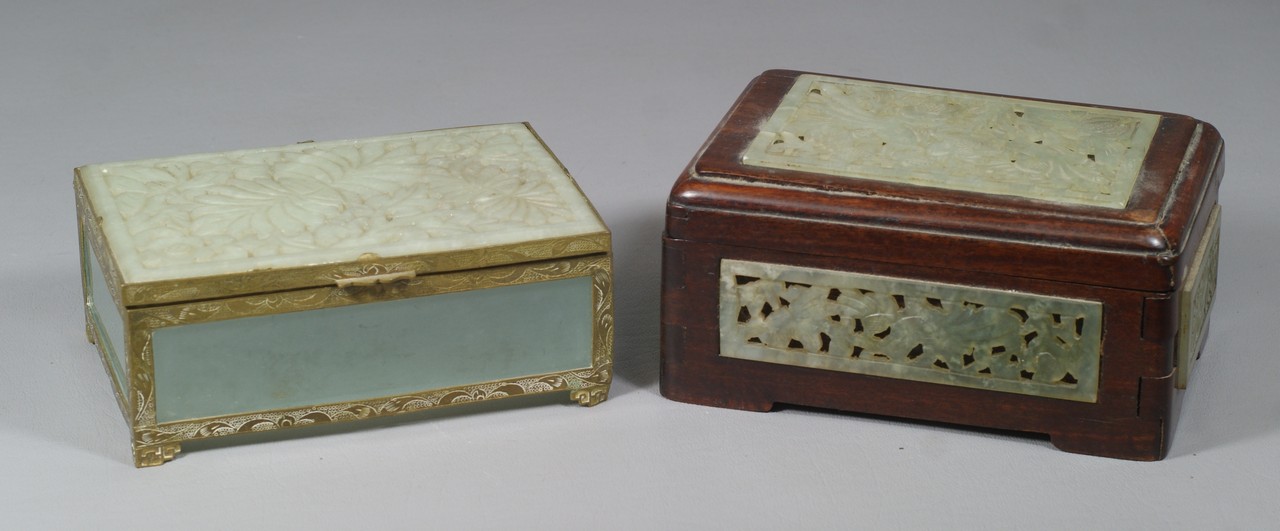 Appraisal: Chinese Boxes both with carved stone one wood unmarked the