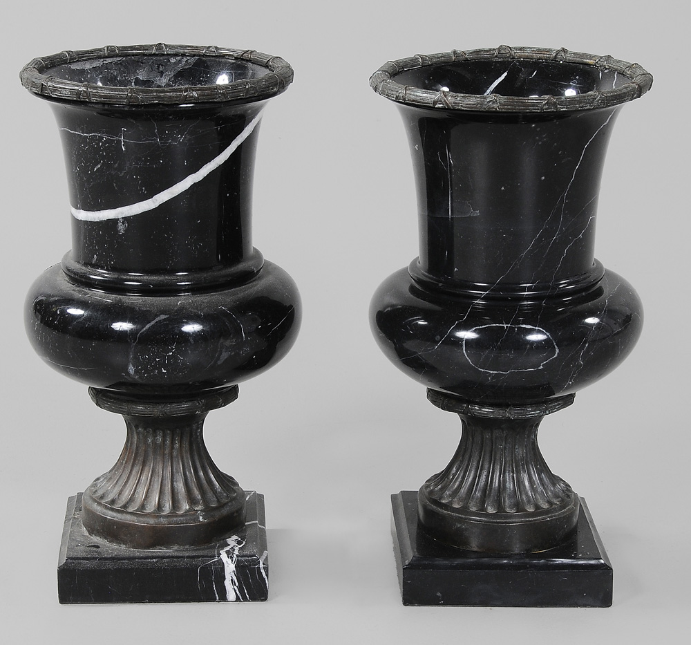 Appraisal: Pair Classical Black Marble and Bronze-Mounted Urns modern variegated marble