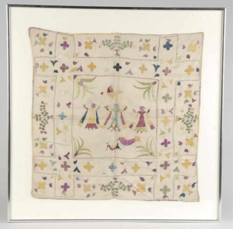 Appraisal: Framed Large Sewn Floral Cloth with Figures Description One half-inch