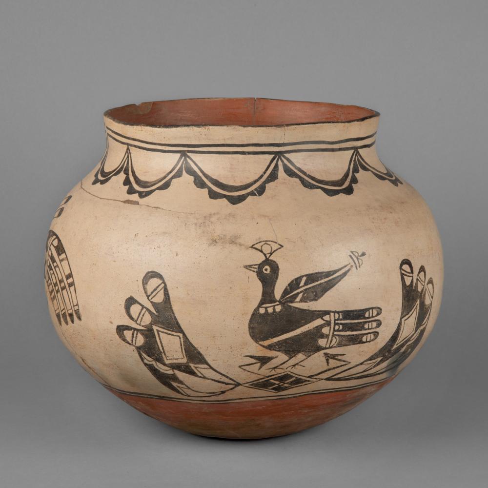 Appraisal: Cochiti Parrot Jar with Quail ca fired clay pigments Dimensions