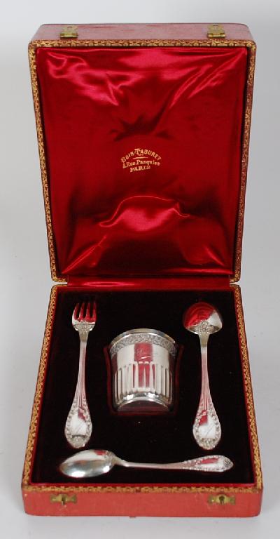 Appraisal: FRENCH CASED FOUR PIECE SILVER COLOURED METAL CHRISTENING SET comprising