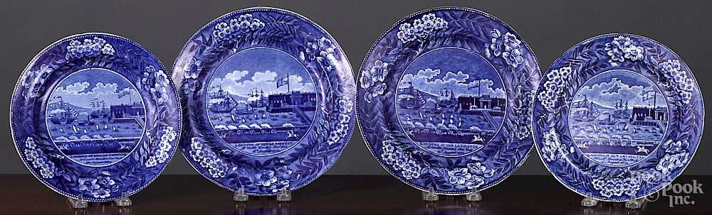 Appraisal: Four Historical Blue Staffordshire plates Four Historical Blue Staffordshire Landing