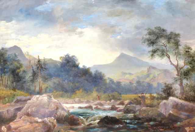 Appraisal: TH CENTURY BRITISH SCHOOLA rocky river landscape with anglers oils