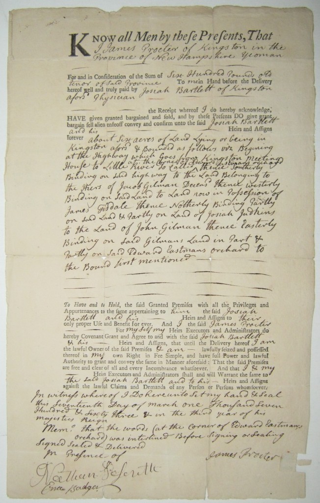 Appraisal: BARTLETT JOSIAH Partly-printed Document Signed five times in third person