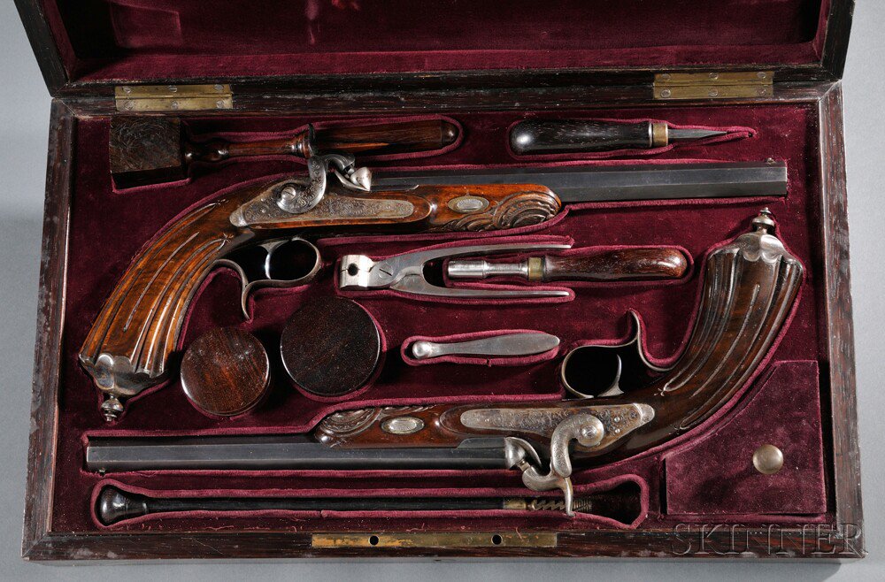 Appraisal: Cased French Percussion Target Pistol Set c s carved walnut