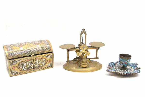 Appraisal: An assembled group of metalwork objects comprising a cloisonne desk