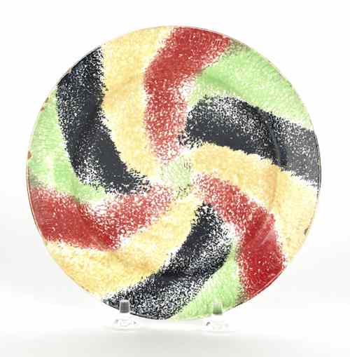 Appraisal: Red yellow green and black rainbow spatter swirl plate th