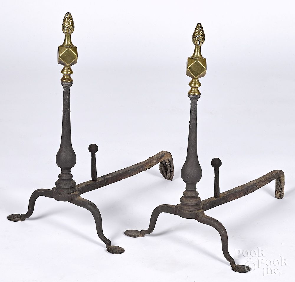 Appraisal: Pair of Queen Anne andirons Pair of Queen Anne andirons