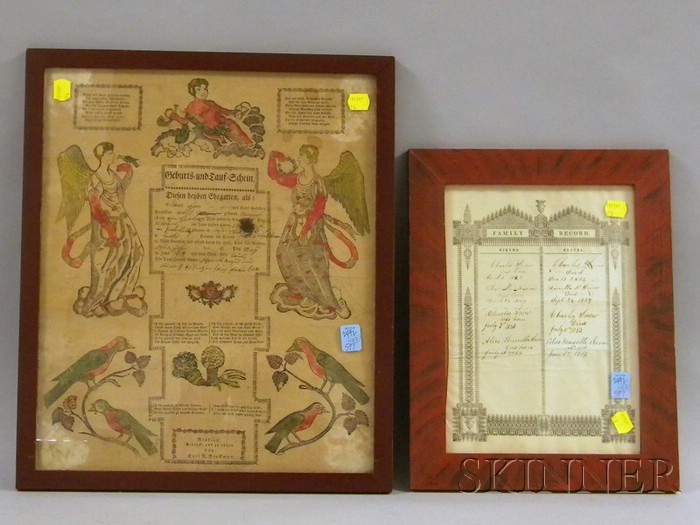 Appraisal: Two Framed th Century Family Records an Pennsylvania German hand-colored