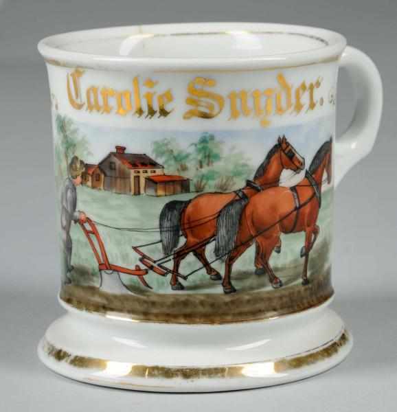 Appraisal: Farming Shaving Mug Description Great image of man with horse-pulled