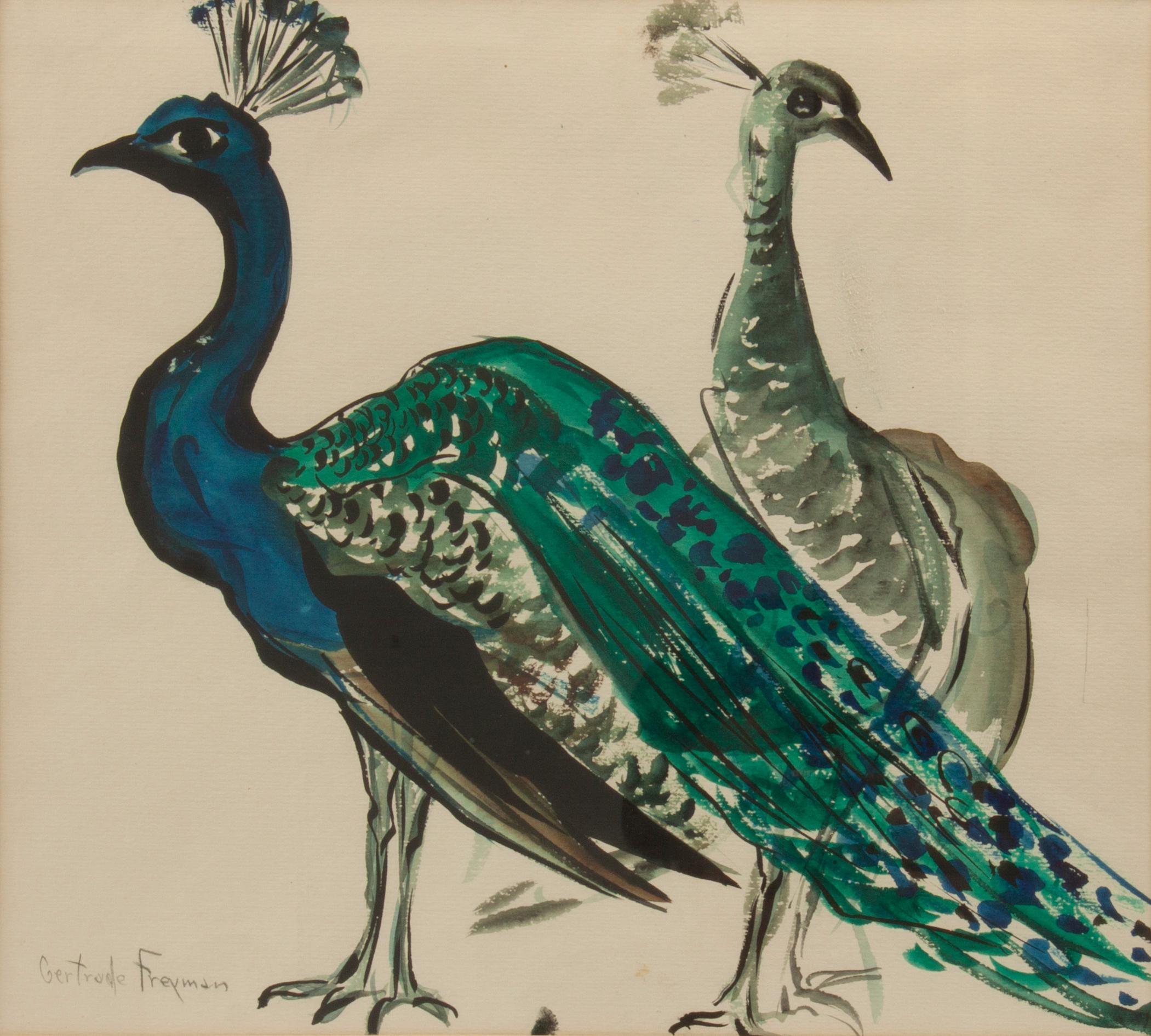 Appraisal: GERTRUDE FREYMAN WATERCOLOR OF PEACOCKS Gertrude Freyman Kansas City -