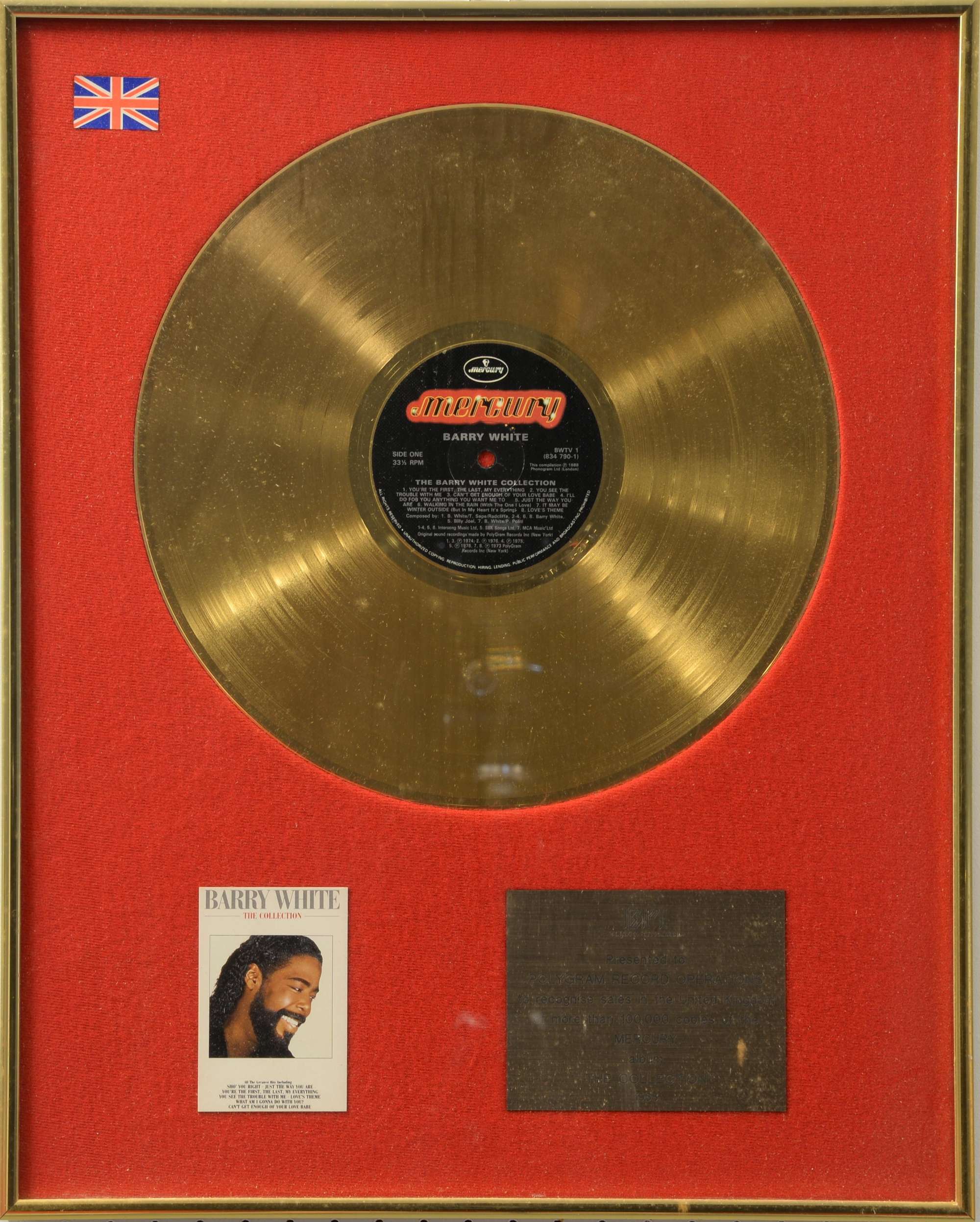 Appraisal: Barry White BPI Gold disc presented to Polygram Record Operations