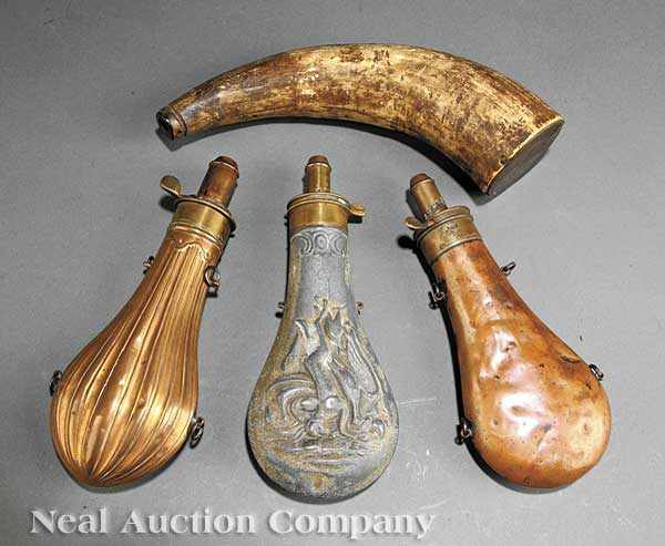 Appraisal: A Group of Three Antique American Powder Flasks and a