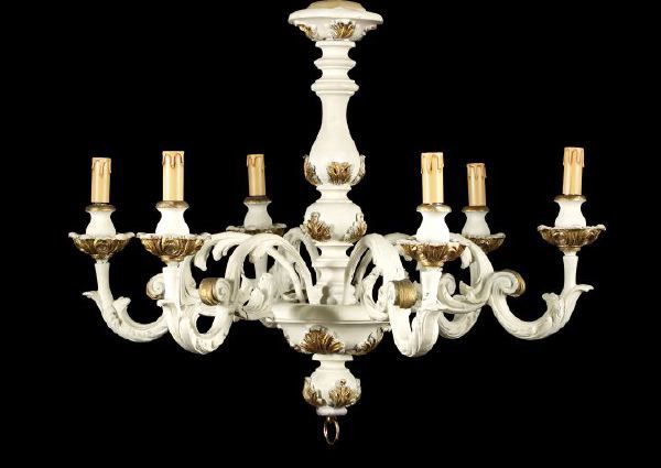 Appraisal: French Turned Carved Matte Gris-de-Trianon-Painted and Parcel-Gilt Wood Six-Light Chandelier