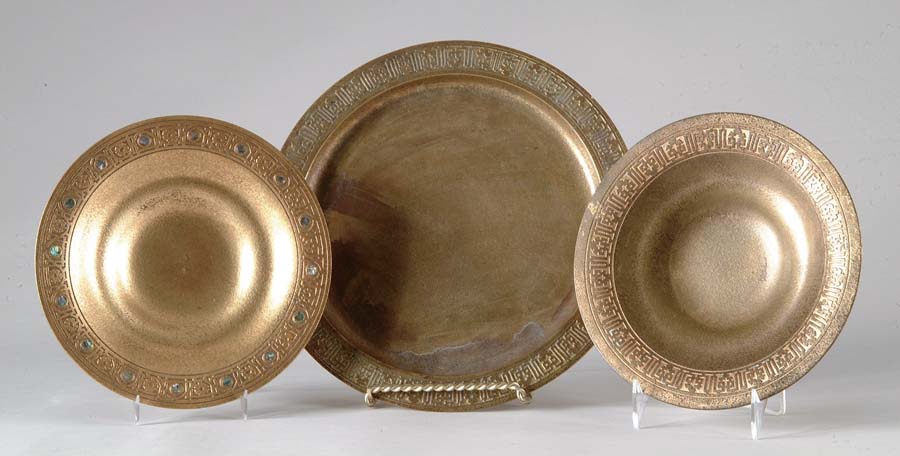 Appraisal: THREE TIFFANY STUDIOS BRONZE ACCESSORIES Tiffany gold dore bowl with