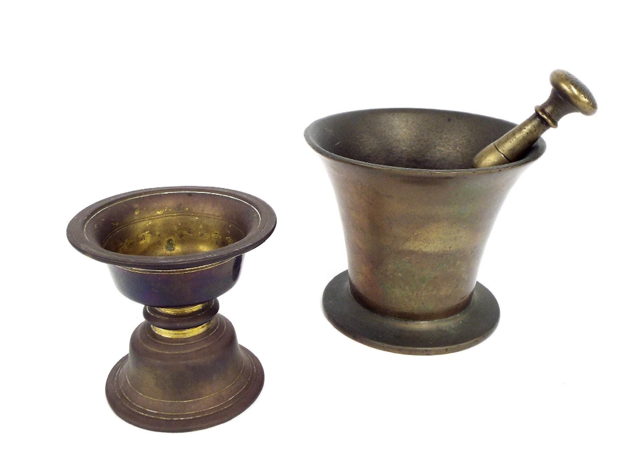 Appraisal: Antique cast brass pestle and mortar the mortar high together