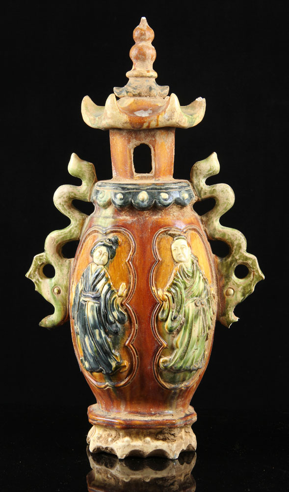 Appraisal: - Chinese Polychrome Ceramic Vessel Chinese polychrome ceramic vessel decorated