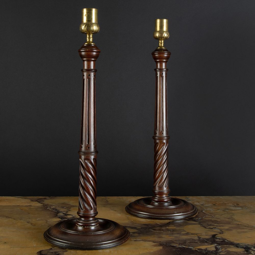 Appraisal: Pair of English Mahogany and Brass Candlesticks x in diam