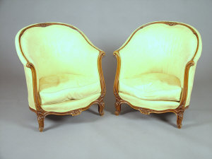 Appraisal: A pair of Louis XV style mahogany bergere chairs th