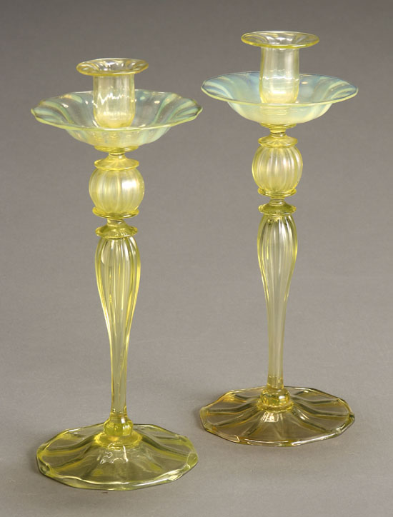 Appraisal: Pair of Tiffany Favrile Glass Candlesticks First Quarter th Century