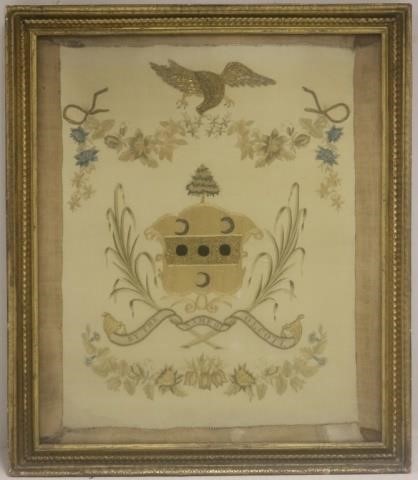 Appraisal: EARLY TH C NEEDLEWORK ON SILK DEPICTING THEOLCOTT FAMILY CREST