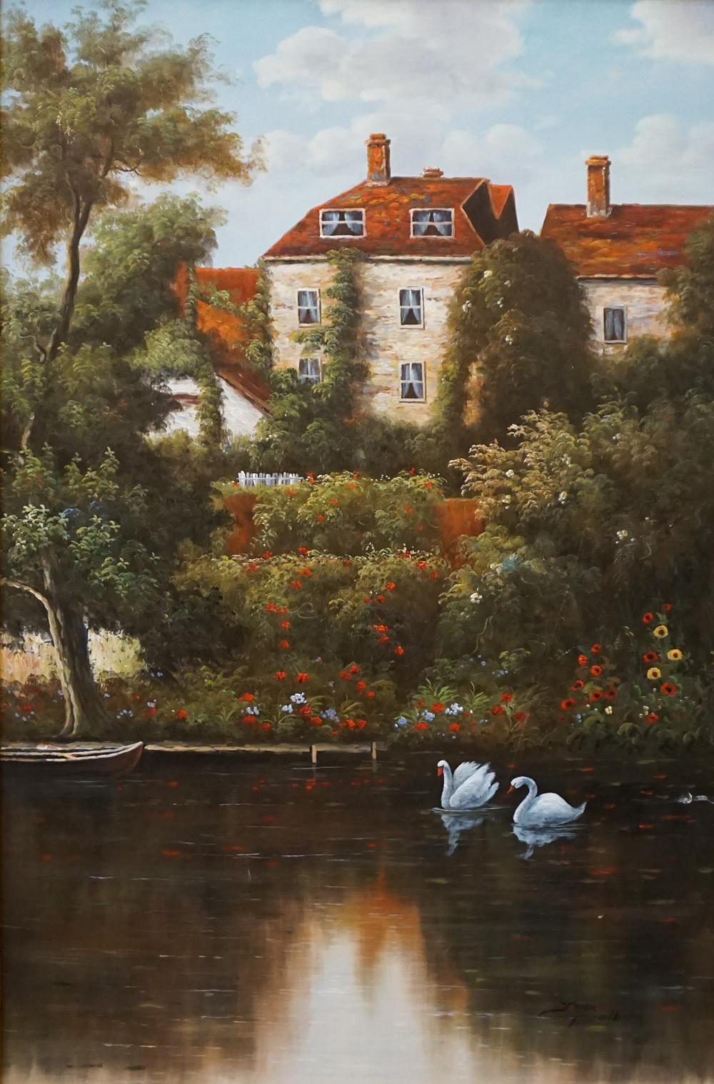 Appraisal: John Dollins Lakeside House Oil on Canvas Signed Frame x