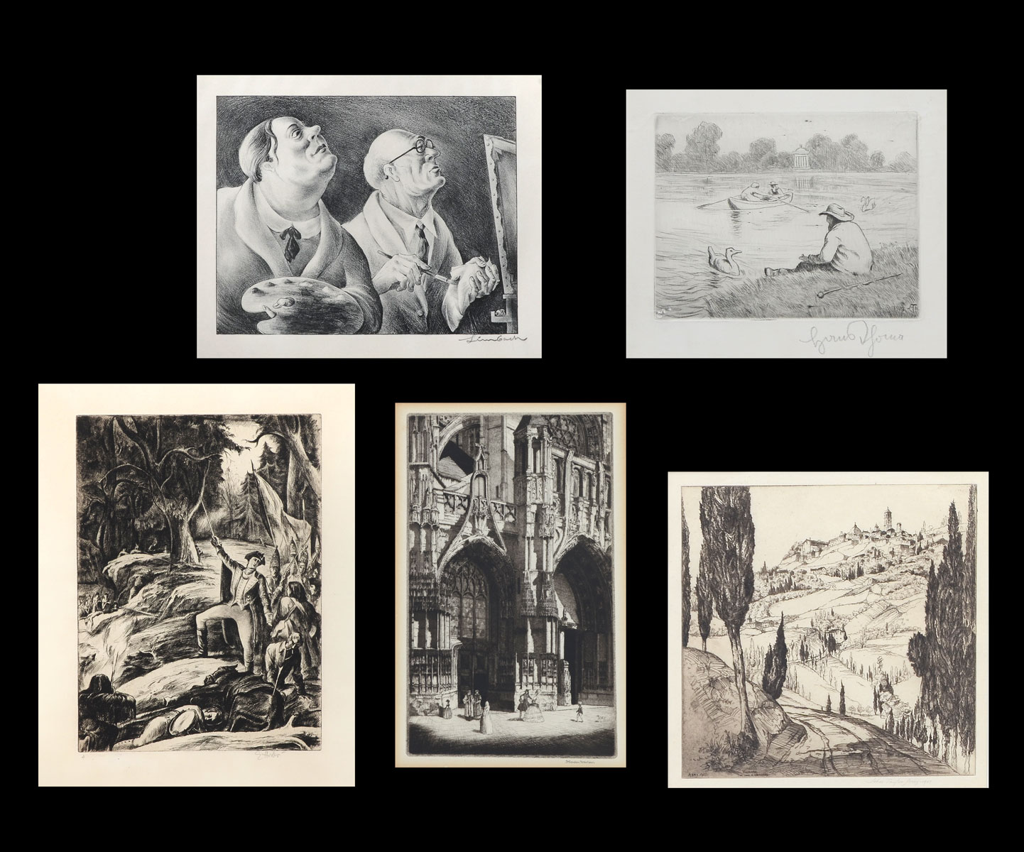 Appraisal: FIVE-PIECE PRINT LOT TO INCLUDE Etching by Earl Horter Depicting