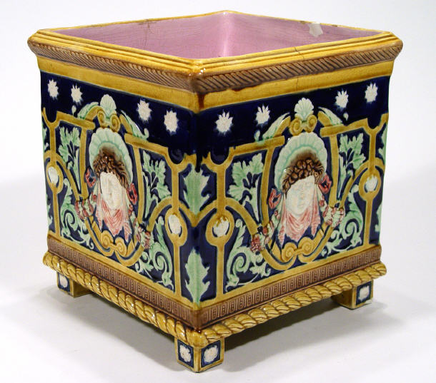 Appraisal: Square continental Majolica planter relief moulded with mask and floral