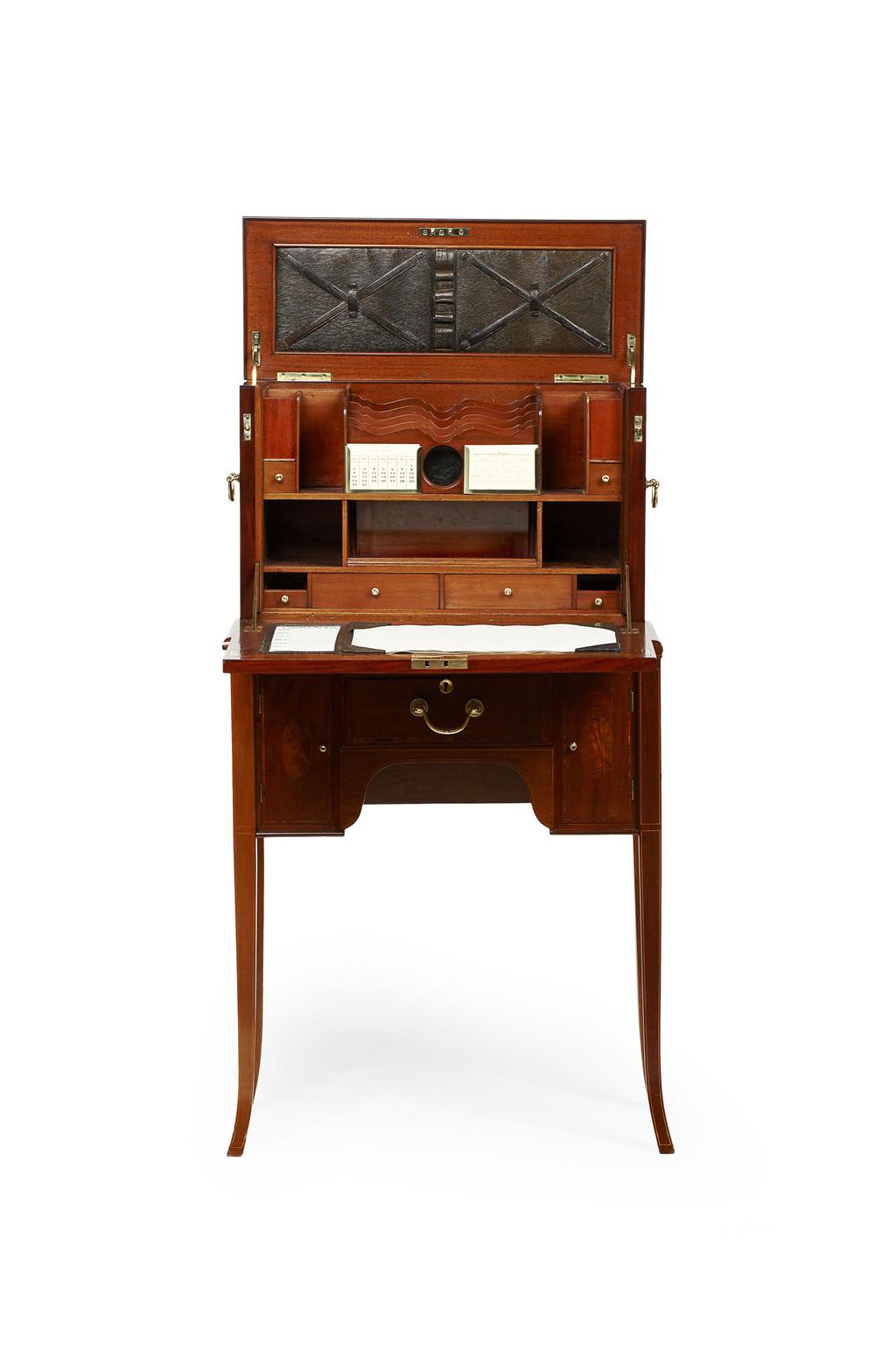 Appraisal: EDWARDIAN INLAID MAHOGANY TRAVEL DESK EARLY TH CENTURY in two