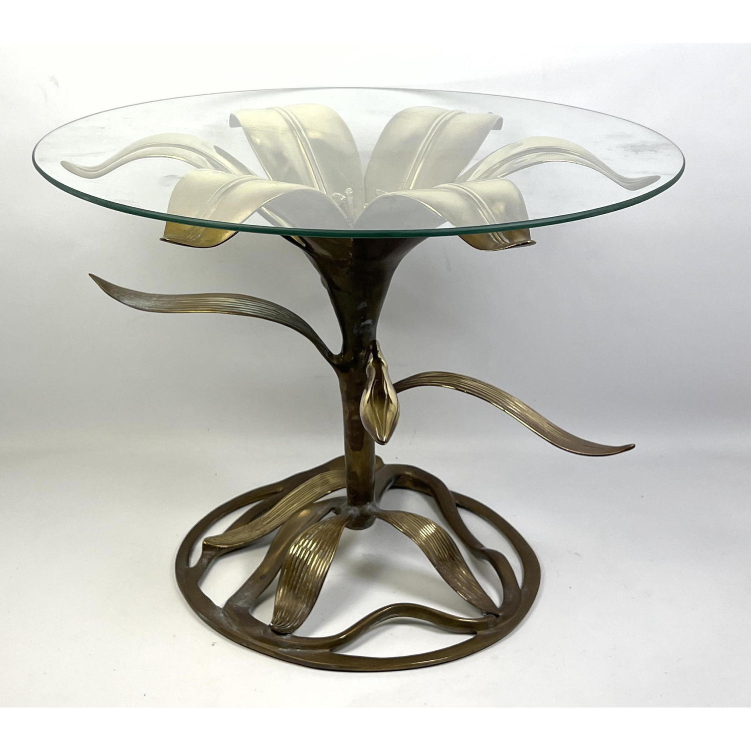 Appraisal: ARTHUR COURT style Gilt Metal Lily Glass Top Side Table