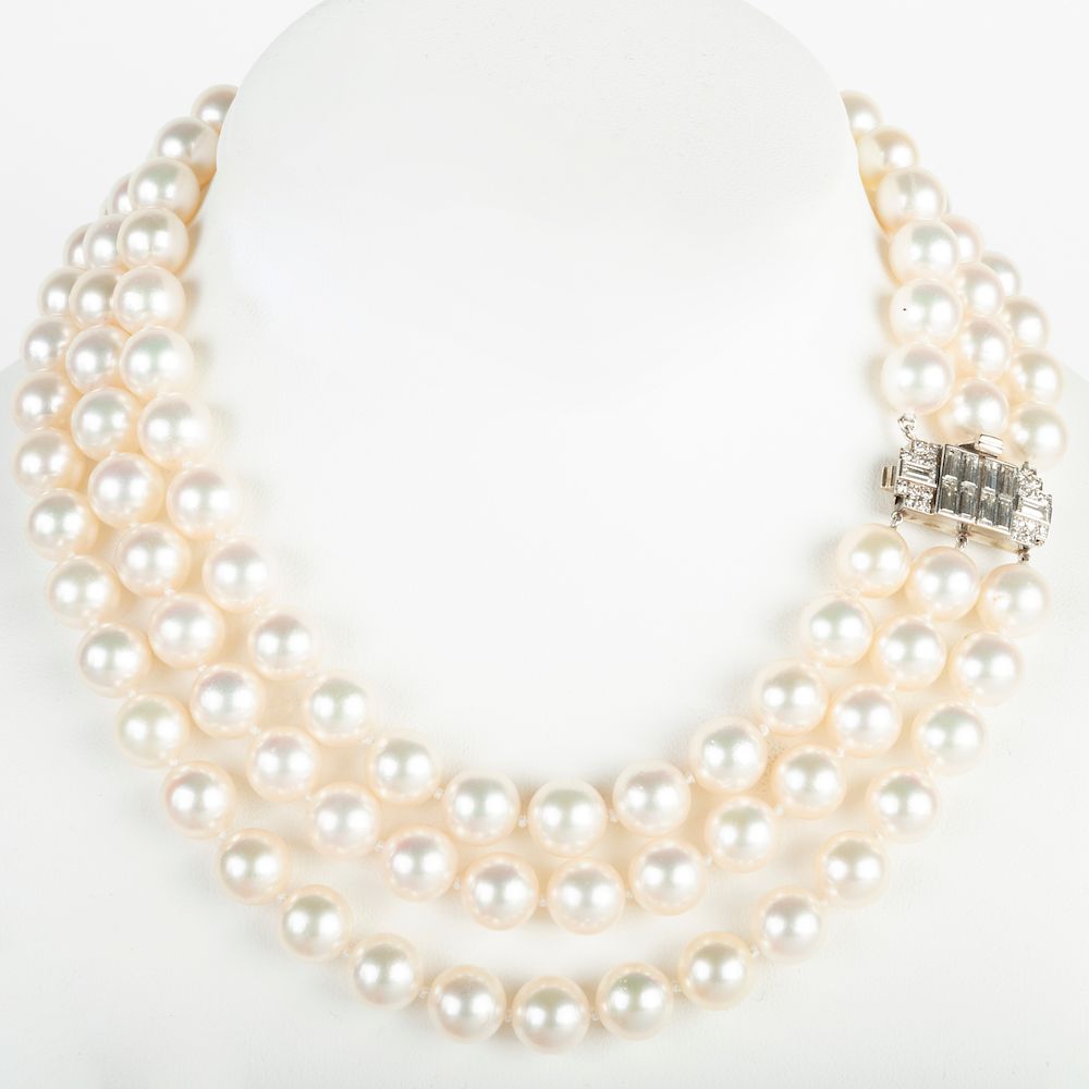 Appraisal: Triple Strand Cultured Pearl Necklace with a Platinum and Diamond