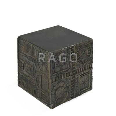 Appraisal: STYLE OF PAUL EVANS Sculptured metal style cube USA s