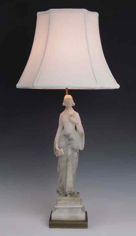 Appraisal: CARVED FIGURAL WOMAN ALABASTER LAMP Figural woman with holding rose