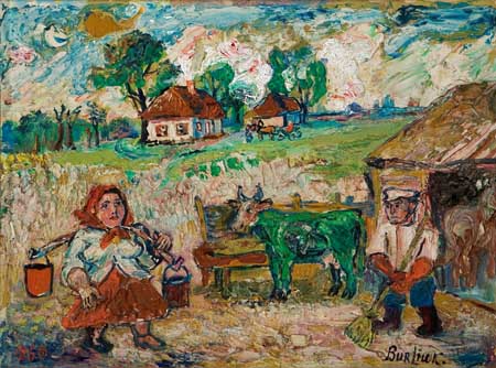 Appraisal: DAVID BURLIUK Farm Scene Oil on artist's board x mm