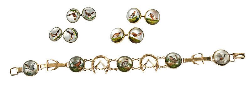 Appraisal: Three Pieces Game Motif Reverse Crystal Jewelry bracelet five reverse