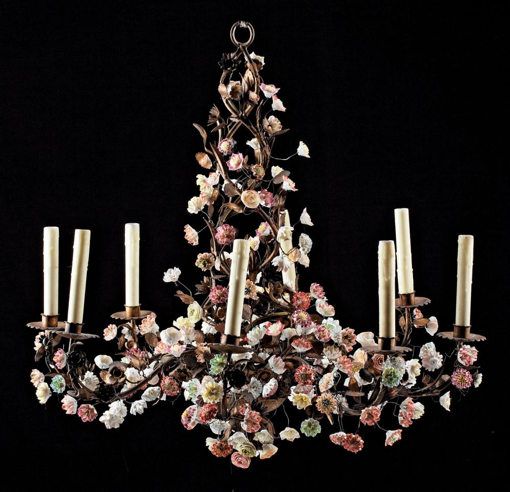 Appraisal: French Polychrome Porcelain-Mounted Gilt Metal Eight-Light Chandelier twisted standard and