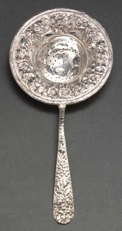 Appraisal: American repousse sterling silver tea strainer Schofield Baltimore early th