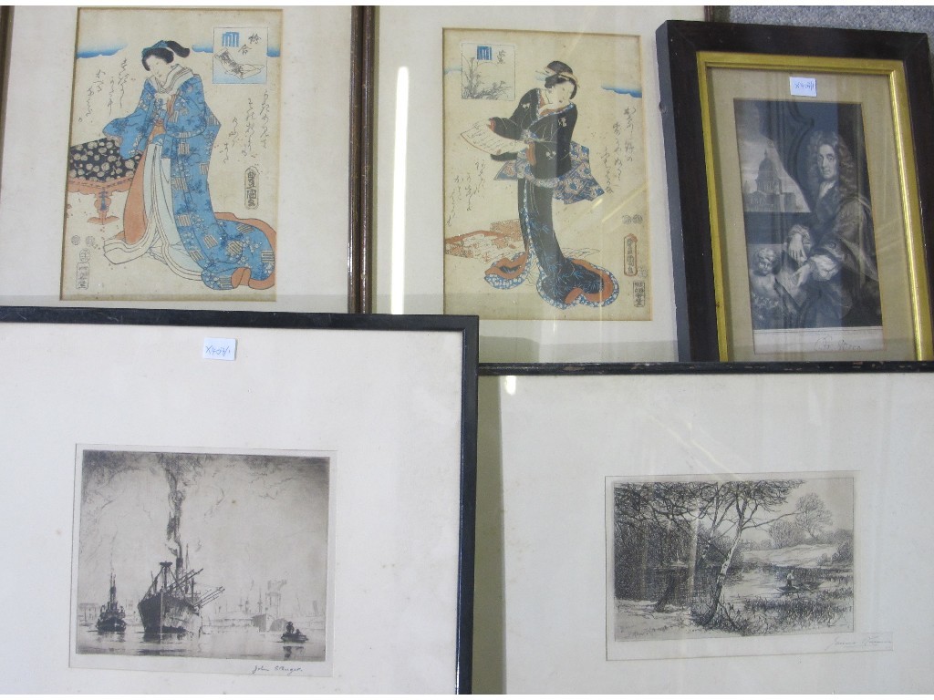 Appraisal: Lot comprising one engraving two Japanese woodblock prints and two