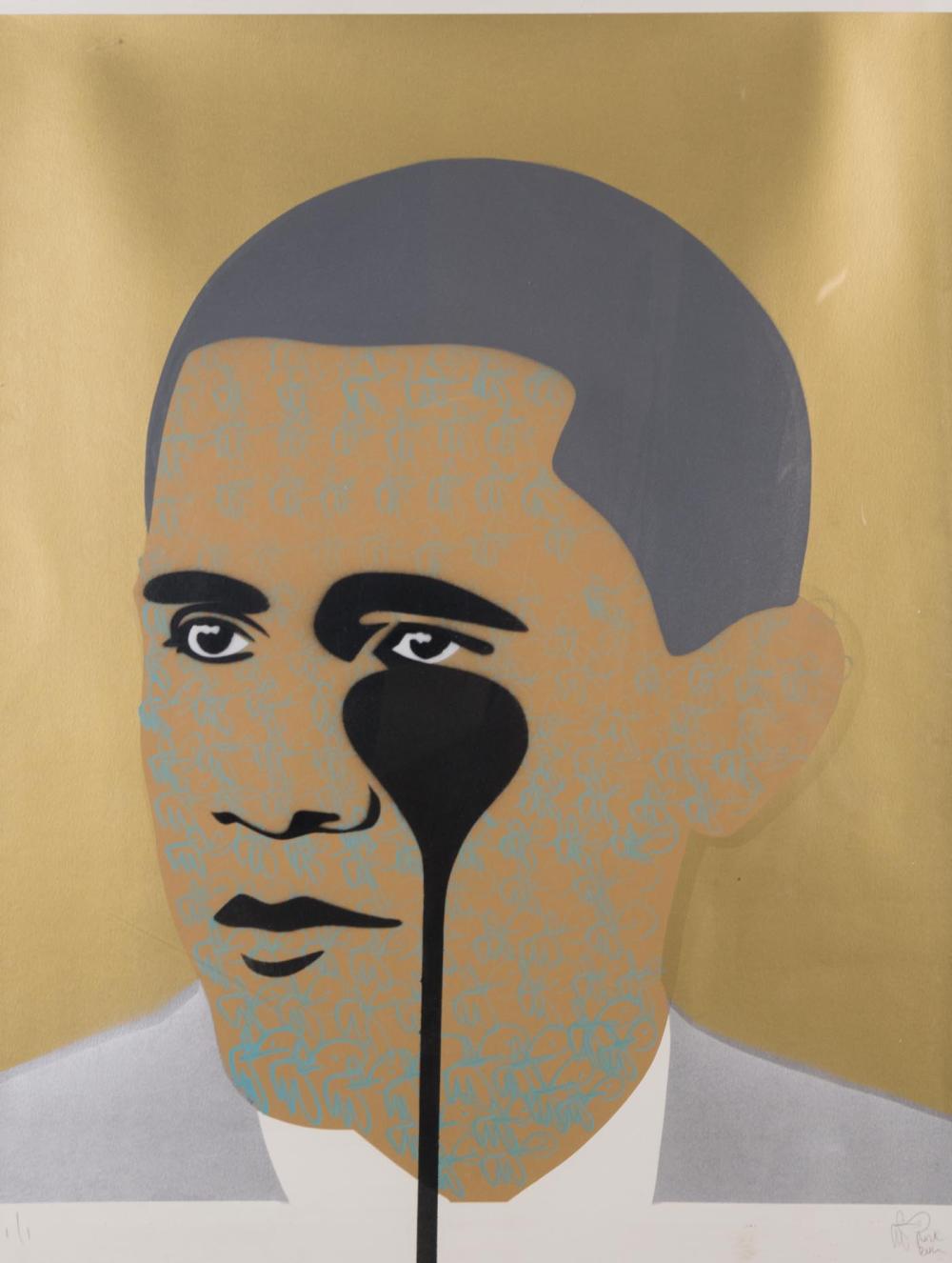 Appraisal: PURE EVIL United Kingdom born embellished screenprint Crying Obama on