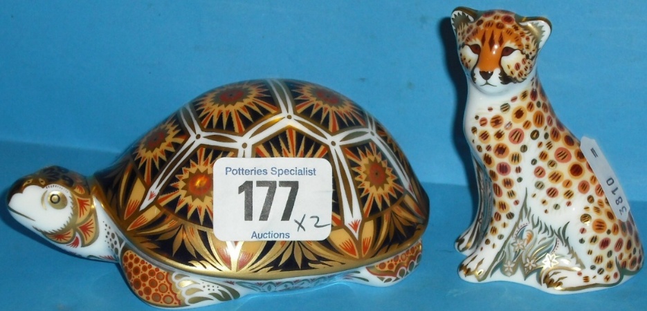 Appraisal: Royal Crown Derby Paperweights Madagascan Tortoise and Cheetah Cub both