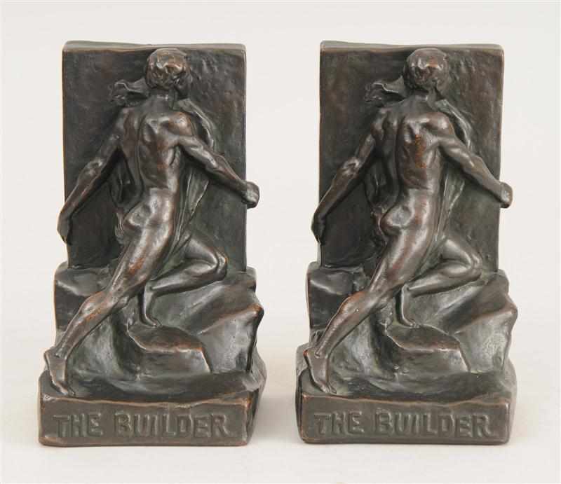 Appraisal: PAIR OF BRONZE-PATINATED COMPOSITION BOOKENDS ''THE BUILDER'' Impressed with copyright