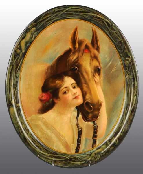 Appraisal: Tin Serving Tray with Girl Horse Description Dated Nice image