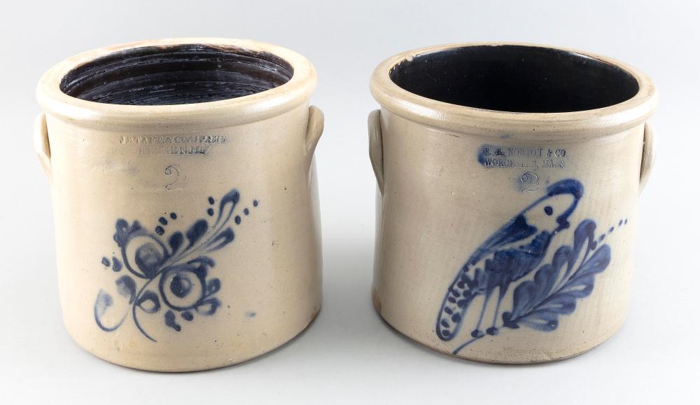 Appraisal: TWO TWO-GALLON STONEWARE CROCKS TH CENTURY HEIGHTS AND TWO TWO-GALLON