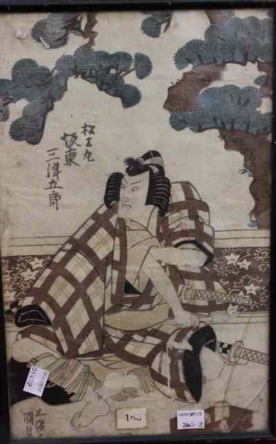 Appraisal: TOYOKUNIWoodblock print portrait of an actor holding a fan with