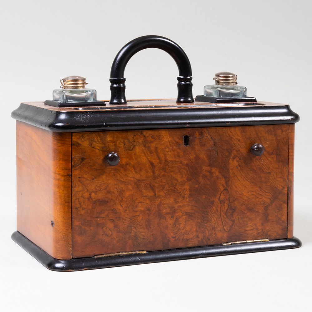 Appraisal: English Burlwood and Ebonized Desk Compendium Fitted with two glass