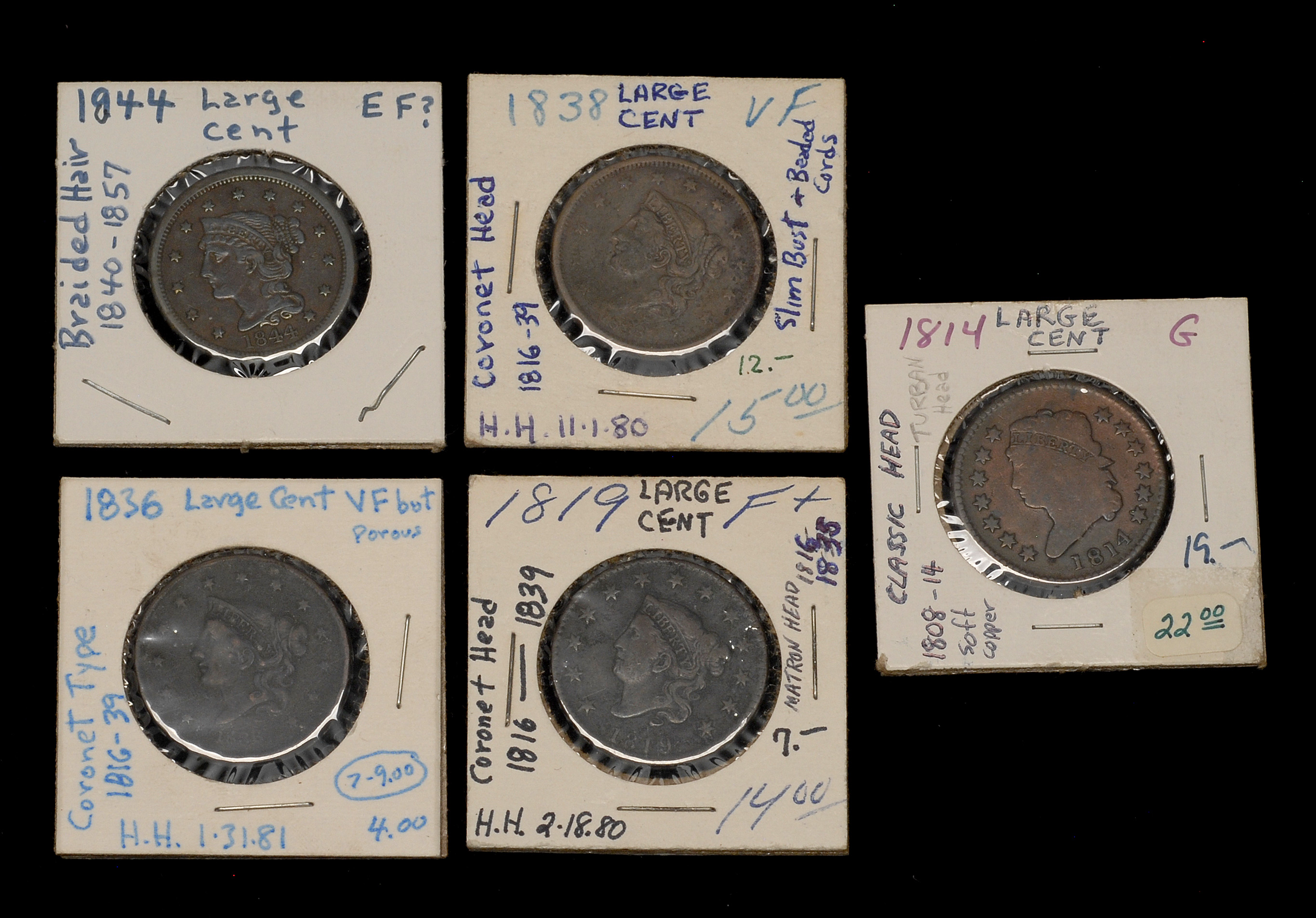 Appraisal: FIVE U S LARGE CENTS and Conditions vary