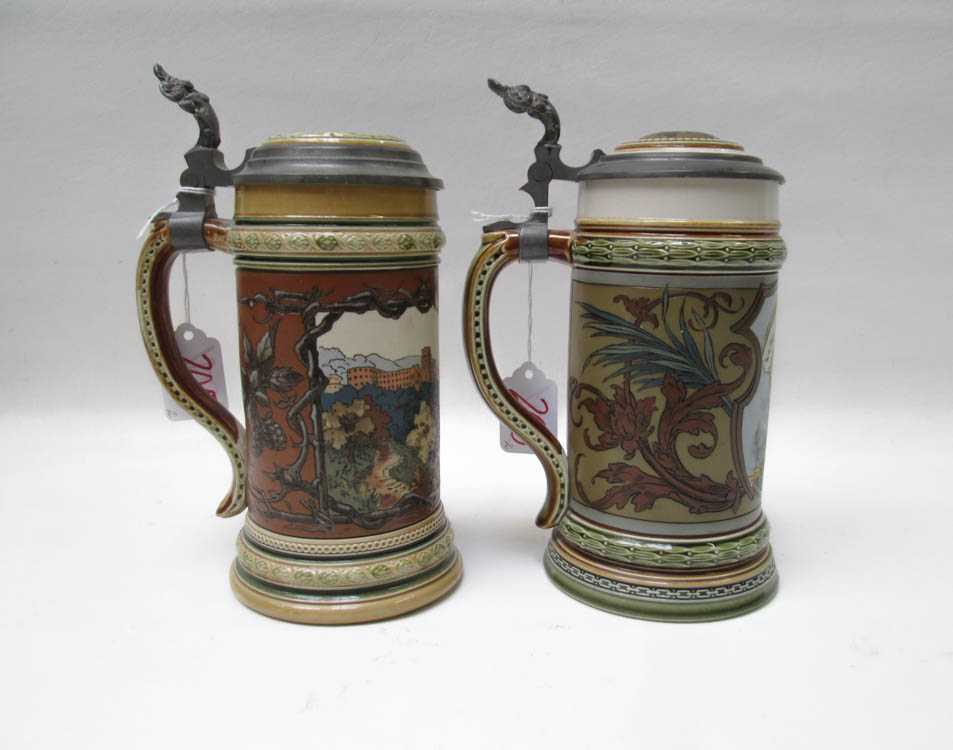 Appraisal: TWO METTLACH ETCHED STEINS no liter with etched Heidelberg motif