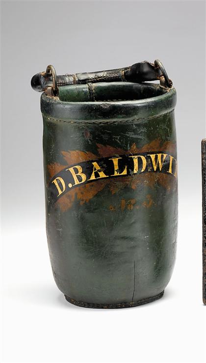 Appraisal: Green-painted leather fire bucket massachusetts th century Black bannerette inscribed